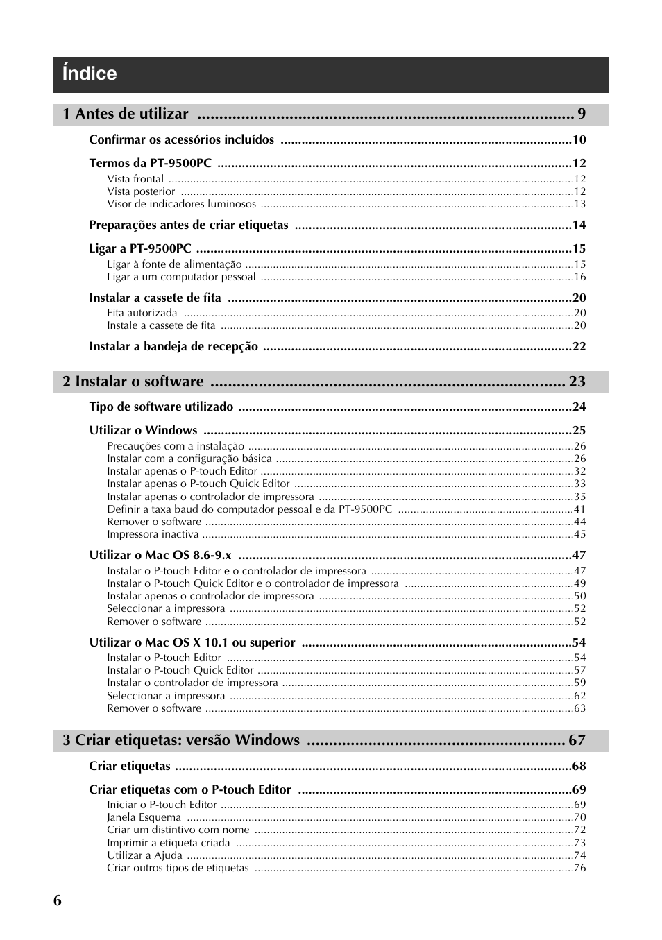 Índice, 1 antes de utilizar, 2 instalar o software | 3 criar etiquetas: versão windows | Brother PT-9500PC User Manual | Page 124 / 353
