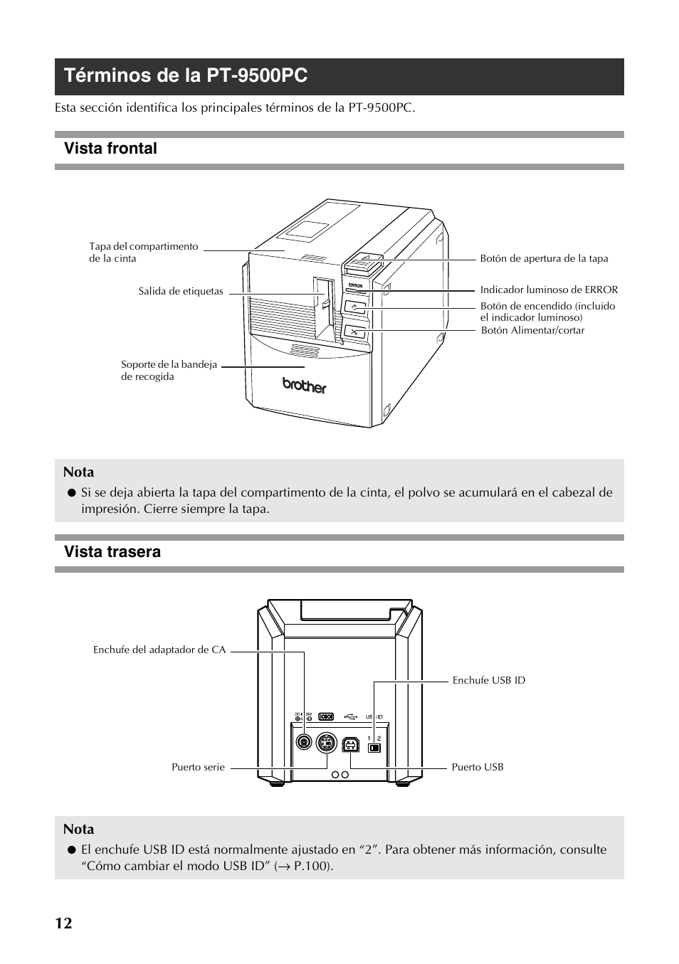 Términos de la pt-9500pc, Vista frontal, Vista trasera | Vista frontal vista trasera | Brother PT-9500PC User Manual | Page 13 / 353