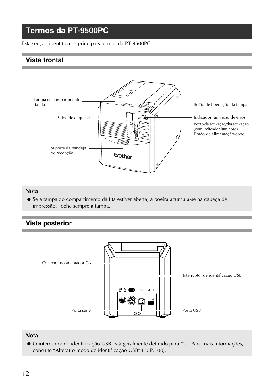Termos da pt-9500pc, Vista frontal, Vista posterior | Vista frontal vista posterior | Brother PT-9500PC User Manual | Page 130 / 353