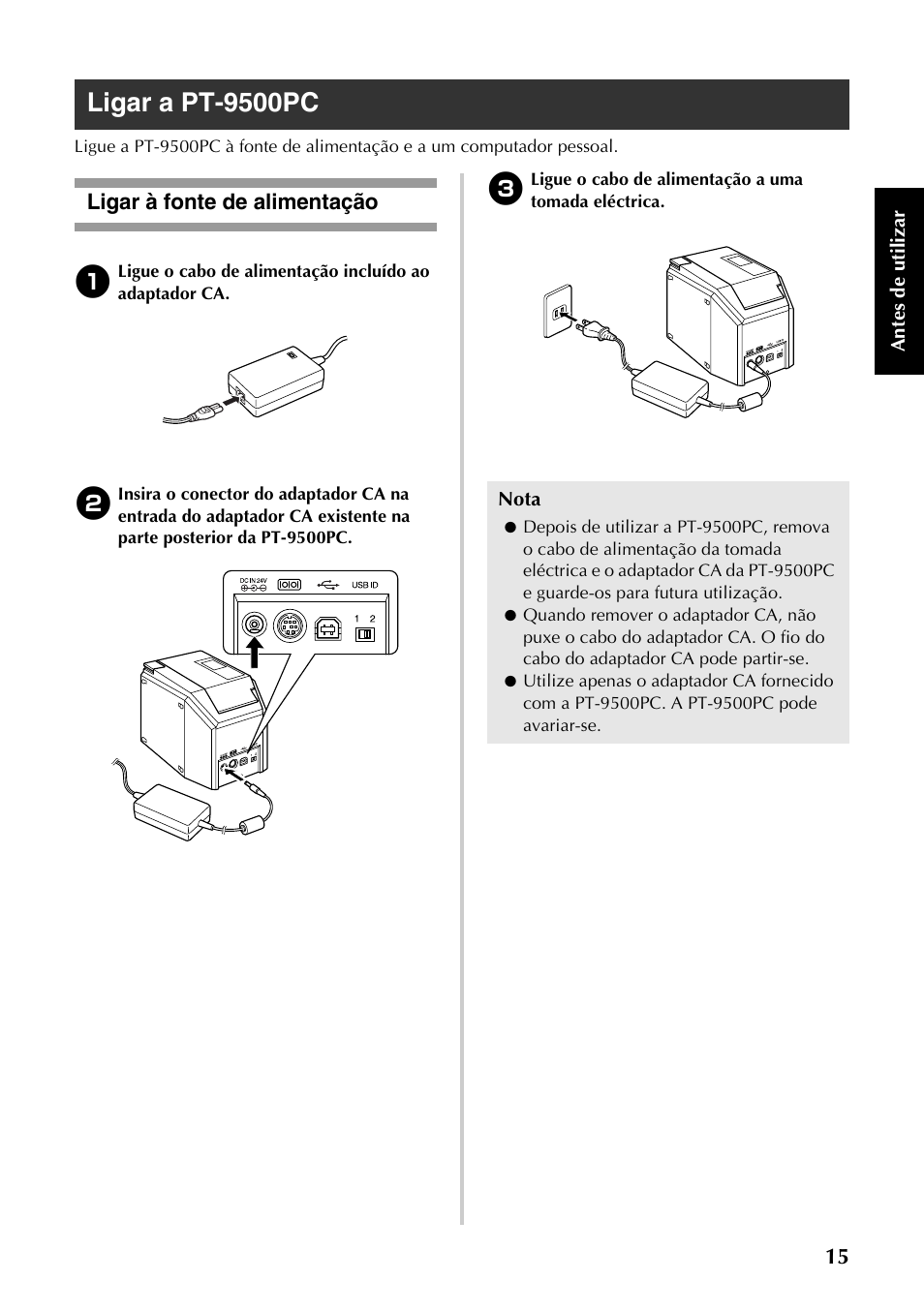 Ligar a pt-9500pc, Ligar à fonte de alimentação, P.15) | Brother PT-9500PC User Manual | Page 133 / 353