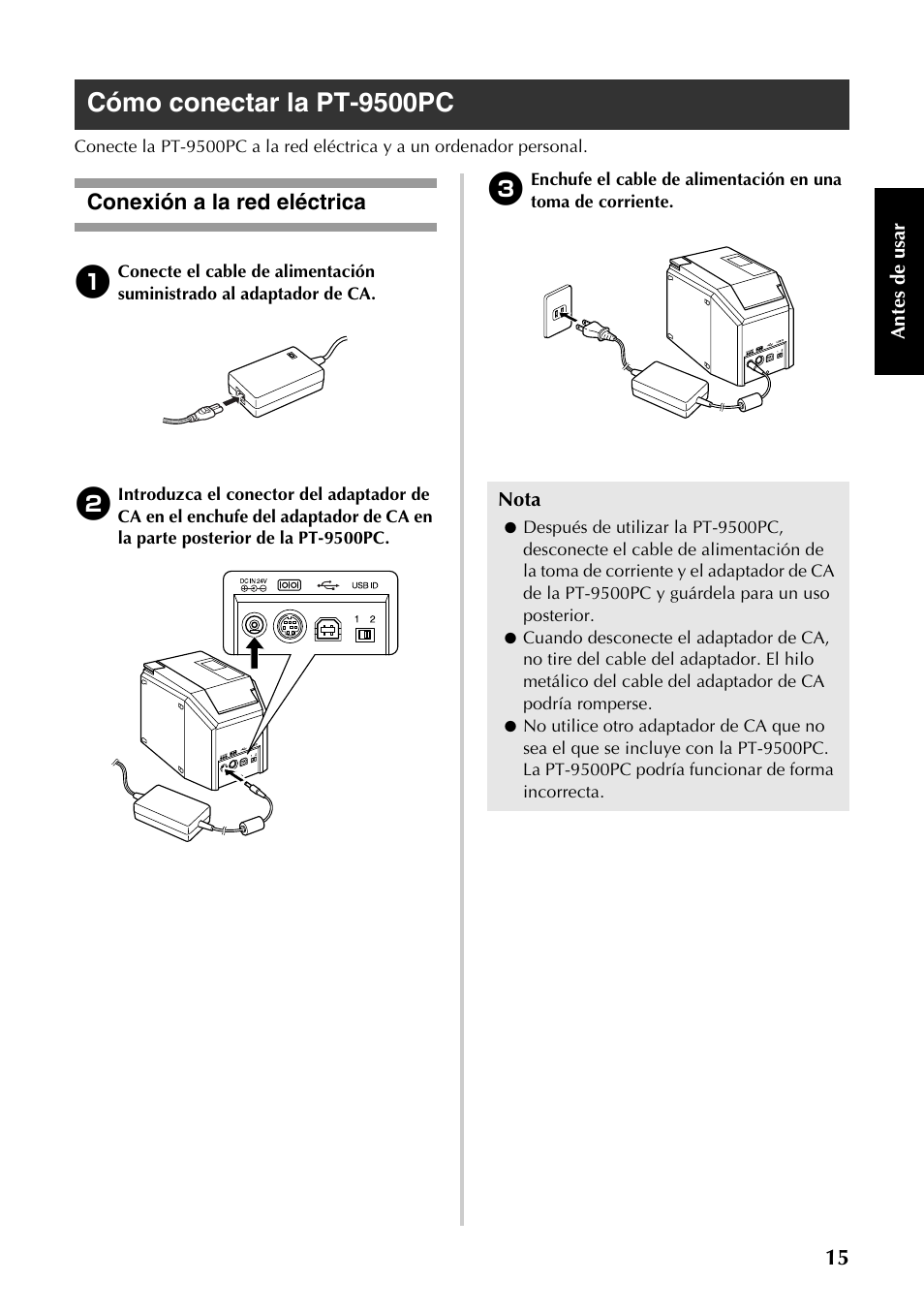 Cómo conectar la pt-9500pc, Conexión a la red eléctrica, Cómo conectar la | Pt-9500pc, P.15) | Brother PT-9500PC User Manual | Page 16 / 353