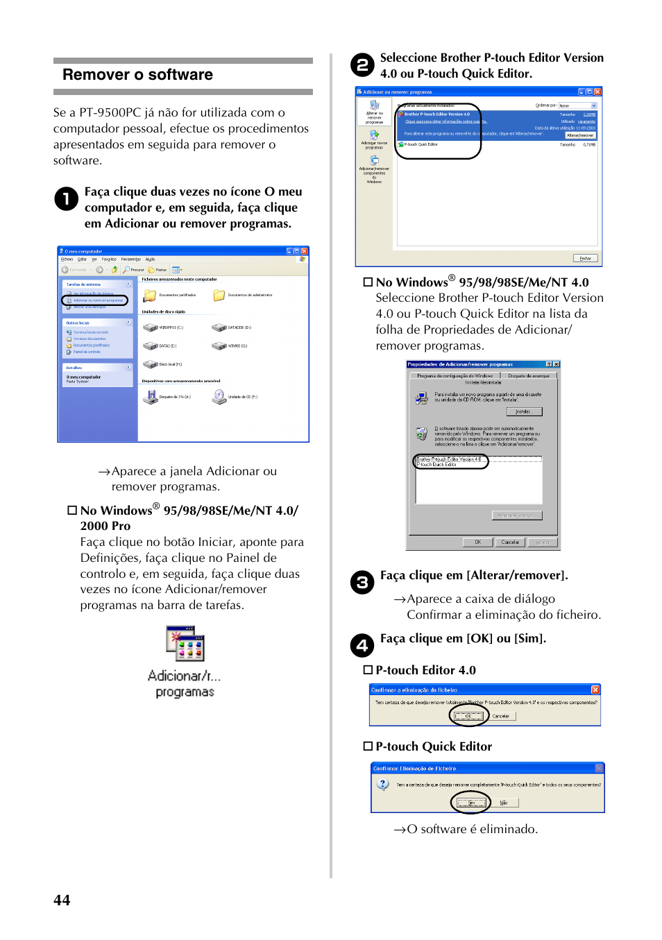 Remover o software, 44 remover o software | Brother PT-9500PC User Manual | Page 162 / 353