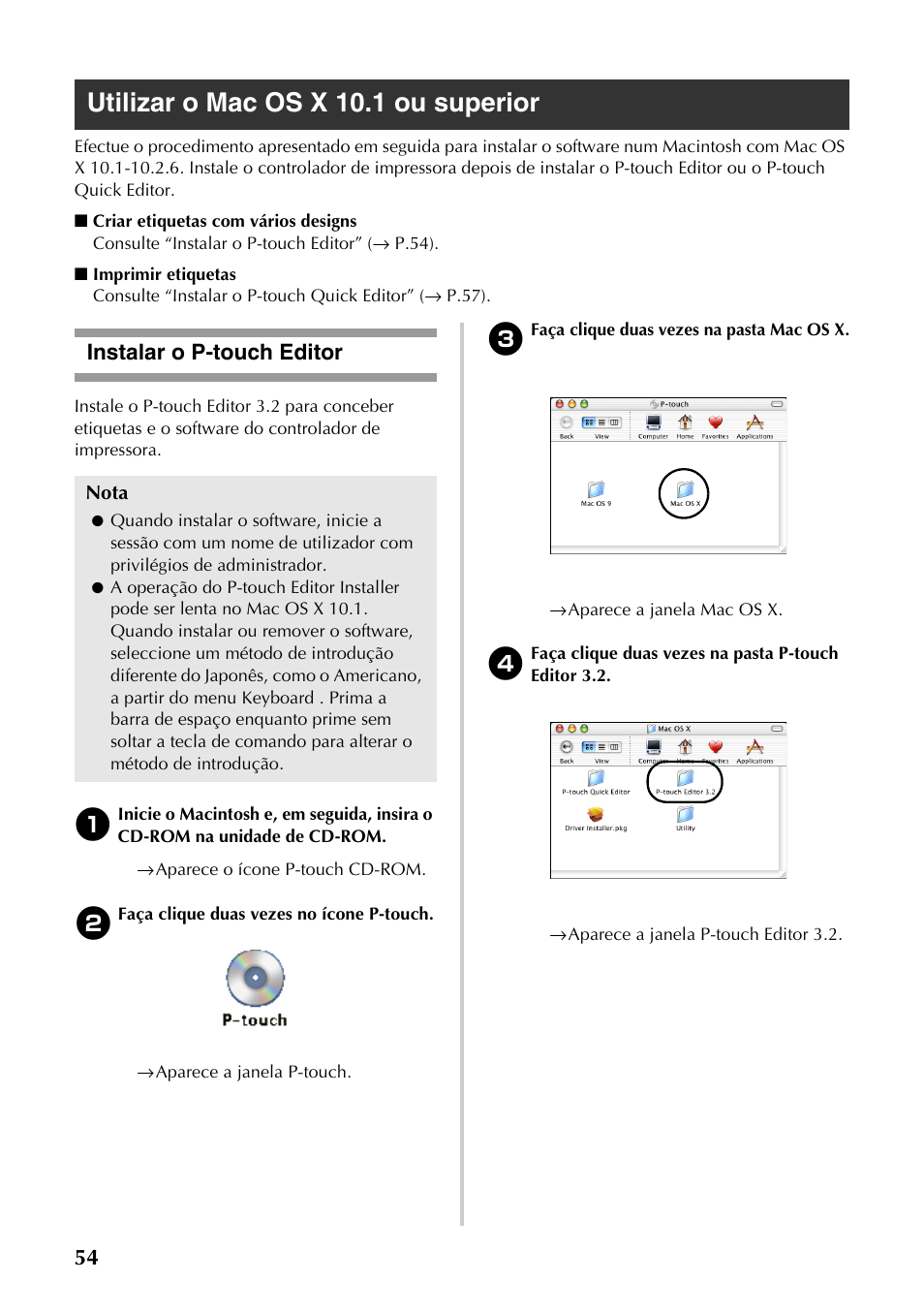 Utilizar o mac os x 10.1 ou superior, Instalar o p-touch editor | Brother PT-9500PC User Manual | Page 172 / 353
