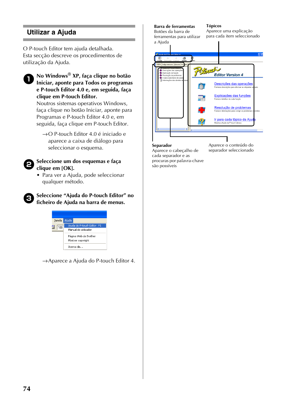 Utilizar a ajuda, 74 utilizar a ajuda | Brother PT-9500PC User Manual | Page 192 / 353