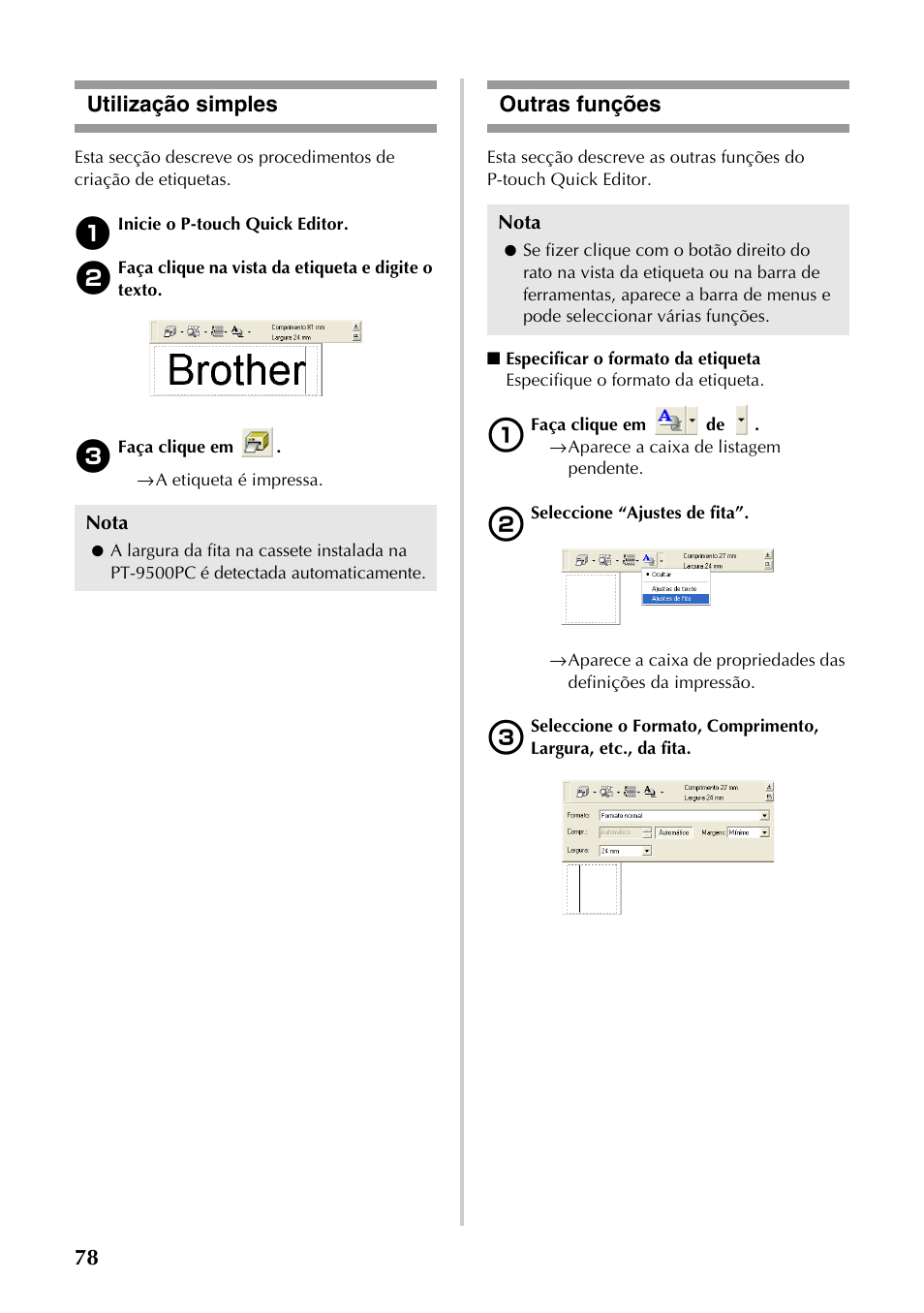 Utilização simples, Outras funções, Utilização simples outras funções | 78 utilização simples | Brother PT-9500PC User Manual | Page 196 / 353