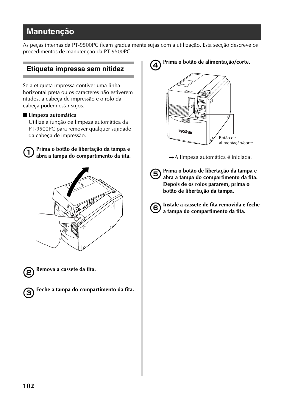 Manutenção, Etiqueta impressa sem nitidez | Brother PT-9500PC User Manual | Page 220 / 353