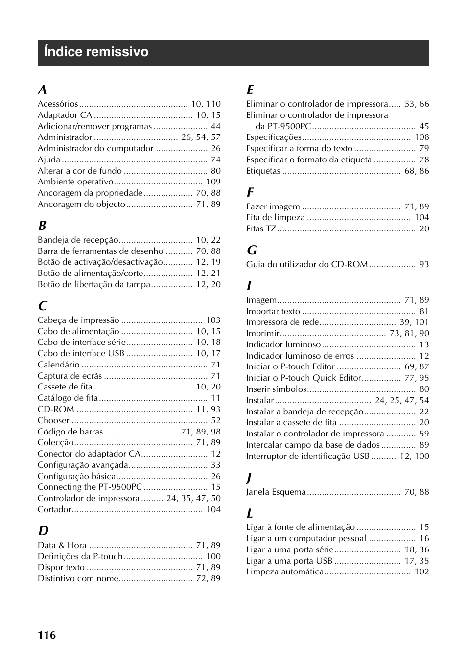 Índice remissivo, Índice remissivo a | Brother PT-9500PC User Manual | Page 234 / 353