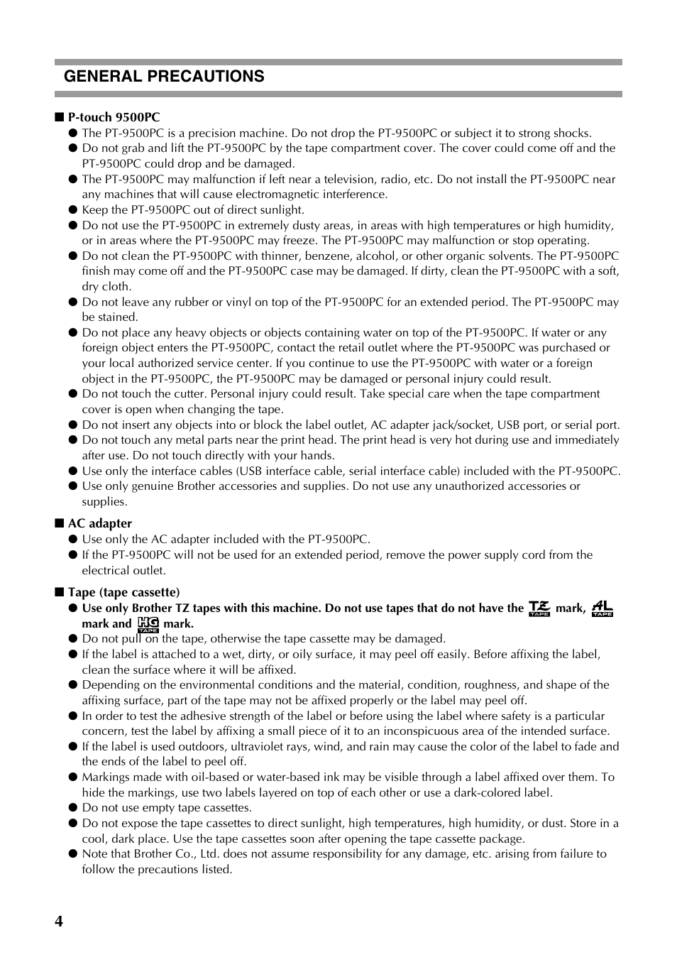 General precautions, 4general precautions | Brother PT-9500PC User Manual | Page 239 / 353
