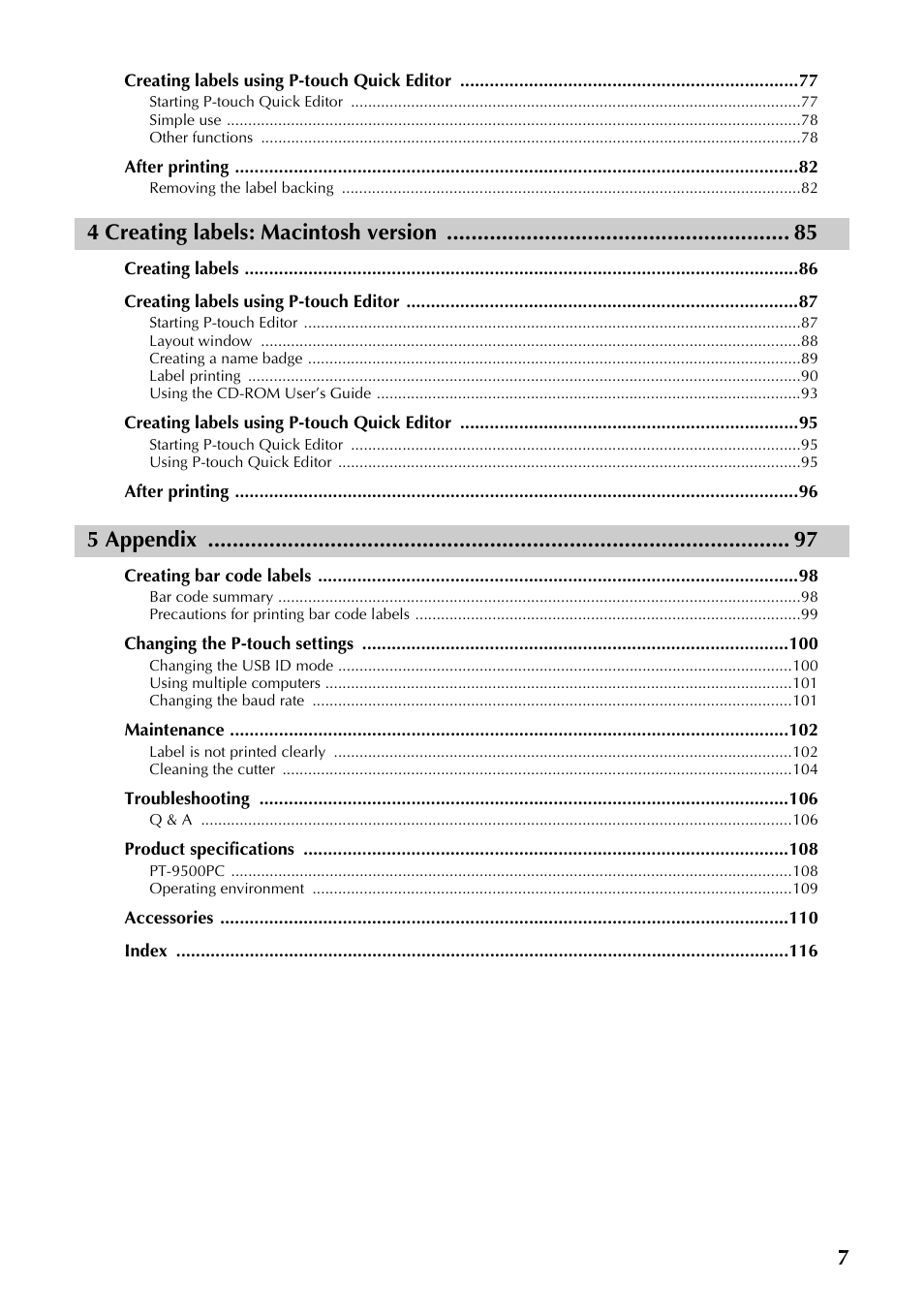 4 creating labels: macintosh version, 5 appendix | Brother PT-9500PC User Manual | Page 242 / 353