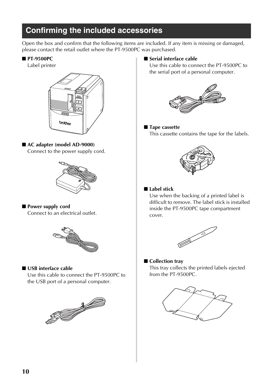 Confirming the included accessories | Brother PT-9500PC User Manual | Page 245 / 353