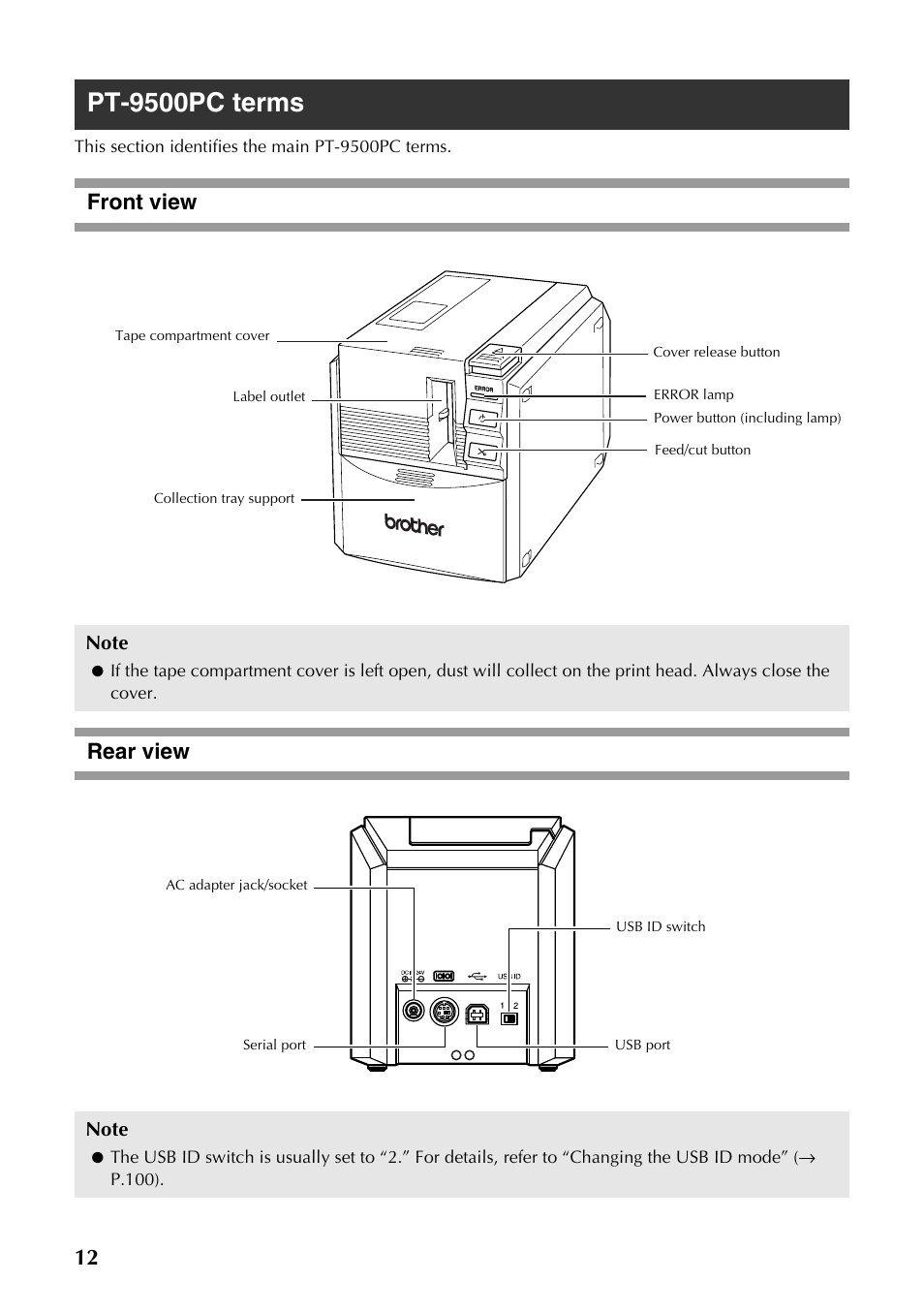 Pt-9500pc terms, Front view, Rear view | Front view rear view | Brother PT-9500PC User Manual | Page 247 / 353