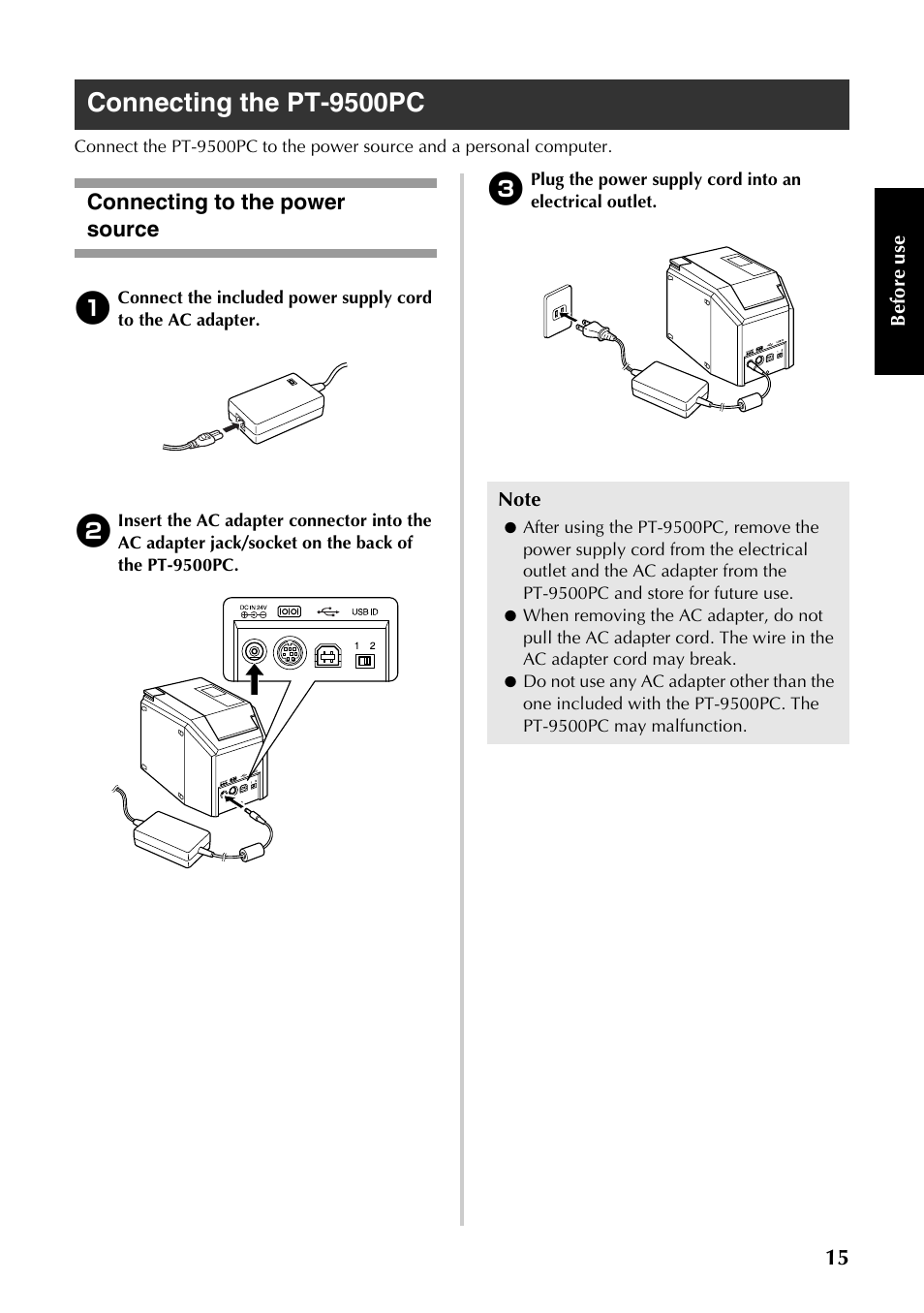 Connecting the pt-9500pc, Connecting to the power source, P.15) | Brother PT-9500PC User Manual | Page 250 / 353