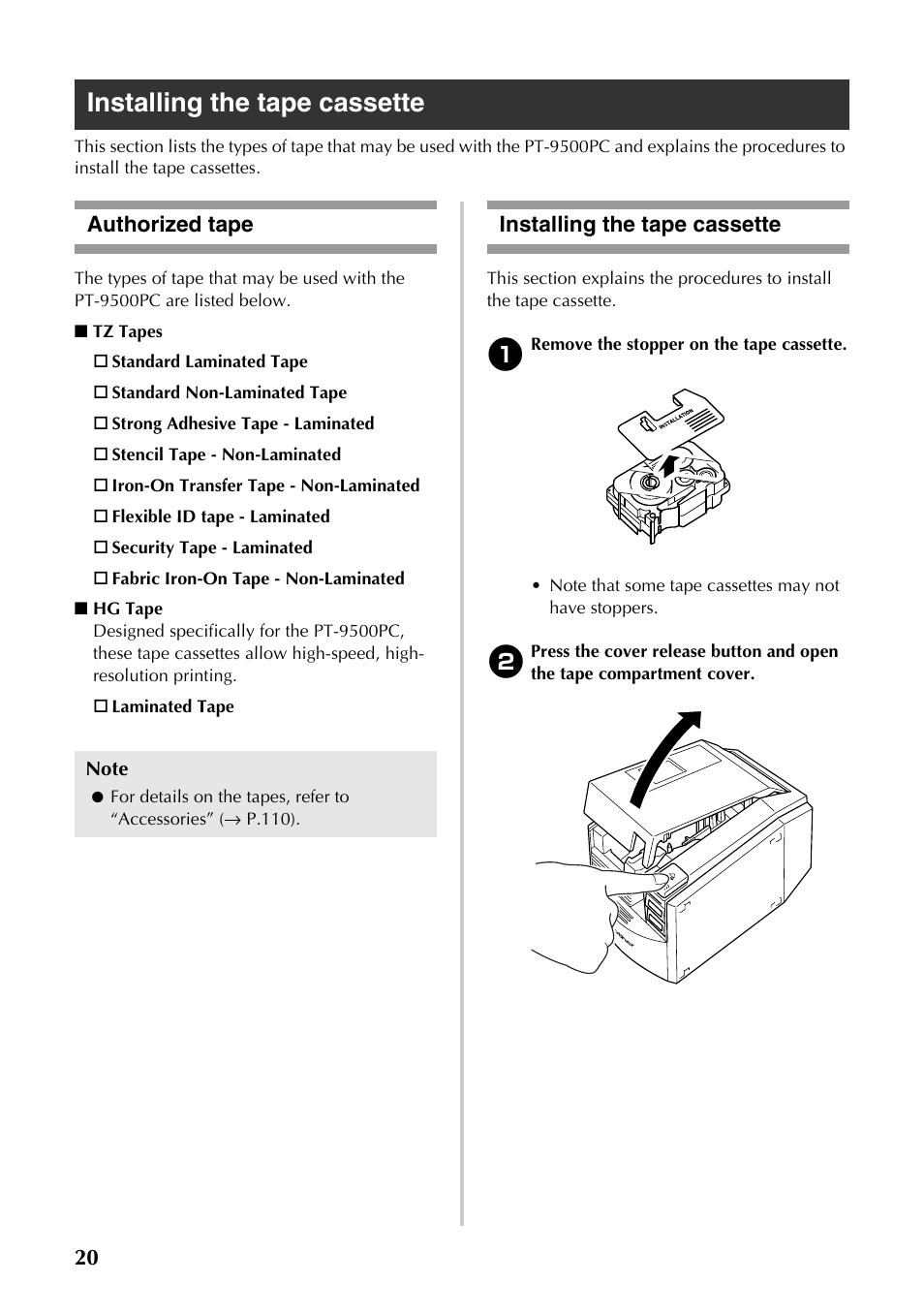 Installing the tape cassette, Authorized tape, Authorized tape installing the tape cassette | Brother PT-9500PC User Manual | Page 255 / 353