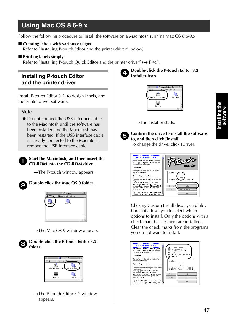 Using mac os 8.6-9.x, Installing p-touch editor and the printer driver | Brother PT-9500PC User Manual | Page 282 / 353
