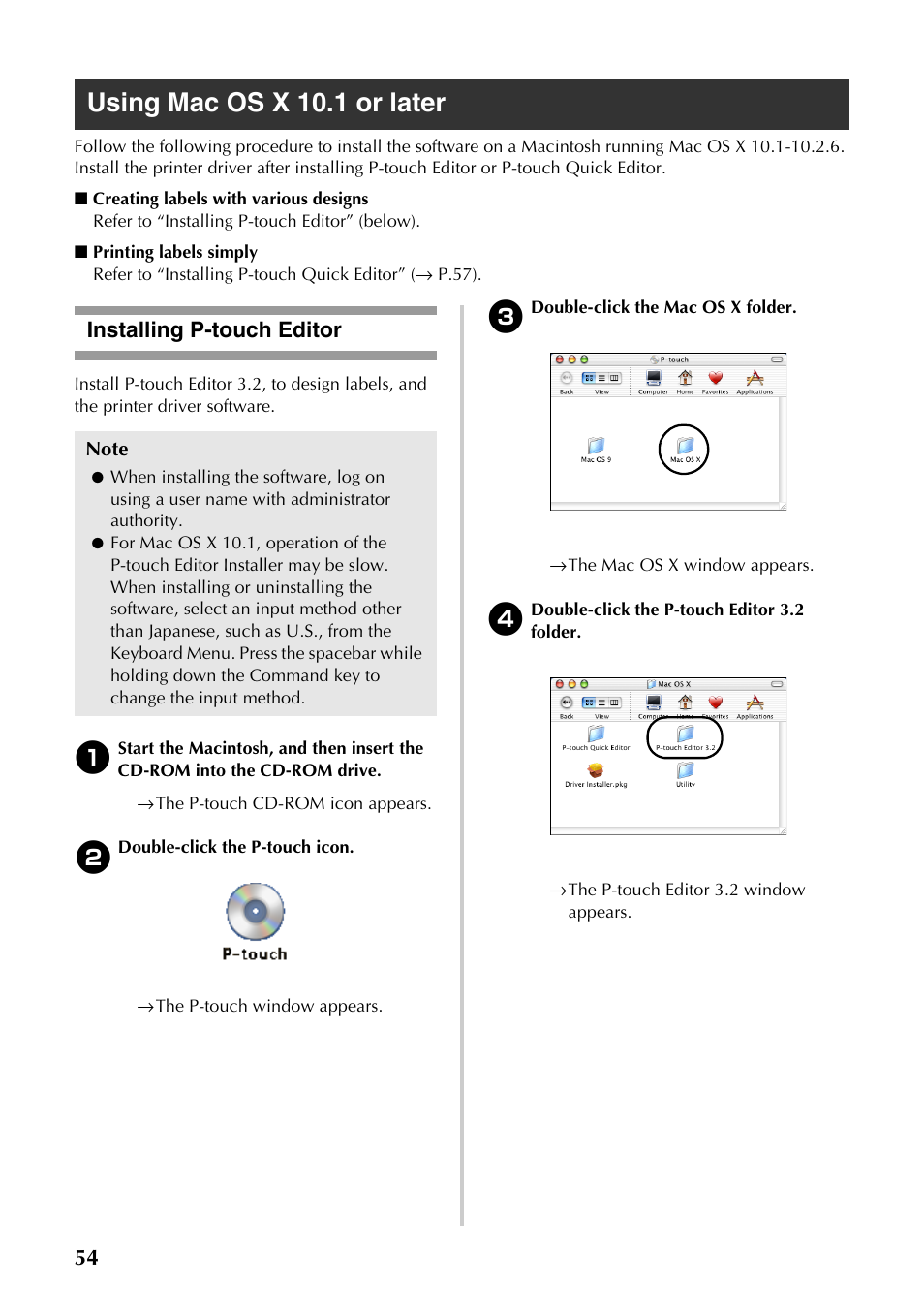 Using mac os x 10.1 or later, Installing p-touch editor | Brother PT-9500PC User Manual | Page 289 / 353