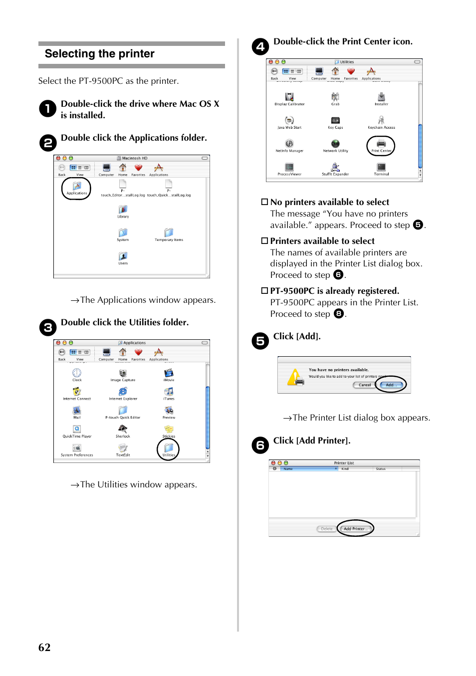 Selecting the printer, 62 selecting the printer | Brother PT-9500PC User Manual | Page 297 / 353
