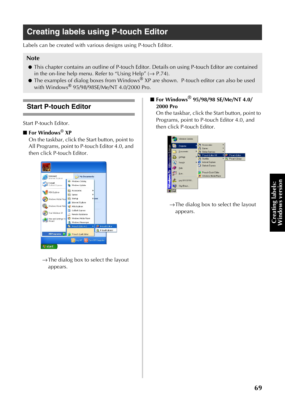Creating labels using p-touch editor, Start p-touch editor, Oceed to “creating labels using p-touch editor | P.69) | Brother PT-9500PC User Manual | Page 304 / 353