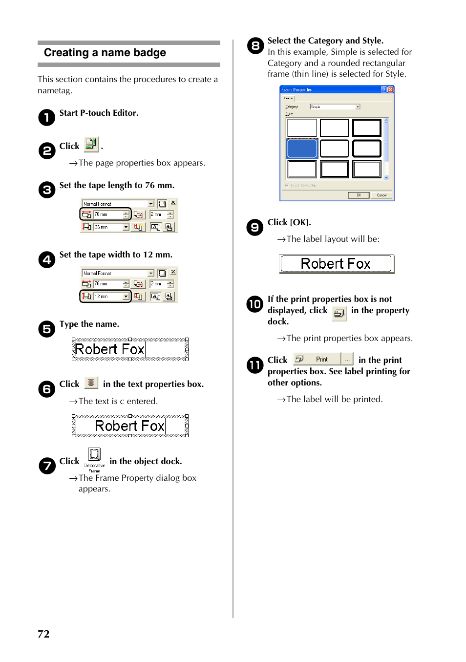 Creating a name badge, 72 creating a name badge | Brother PT-9500PC User Manual | Page 307 / 353