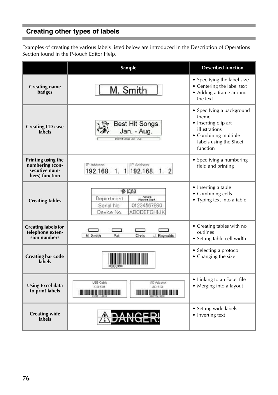Creating other types of labels, 76 creating other types of labels | Brother PT-9500PC User Manual | Page 311 / 353