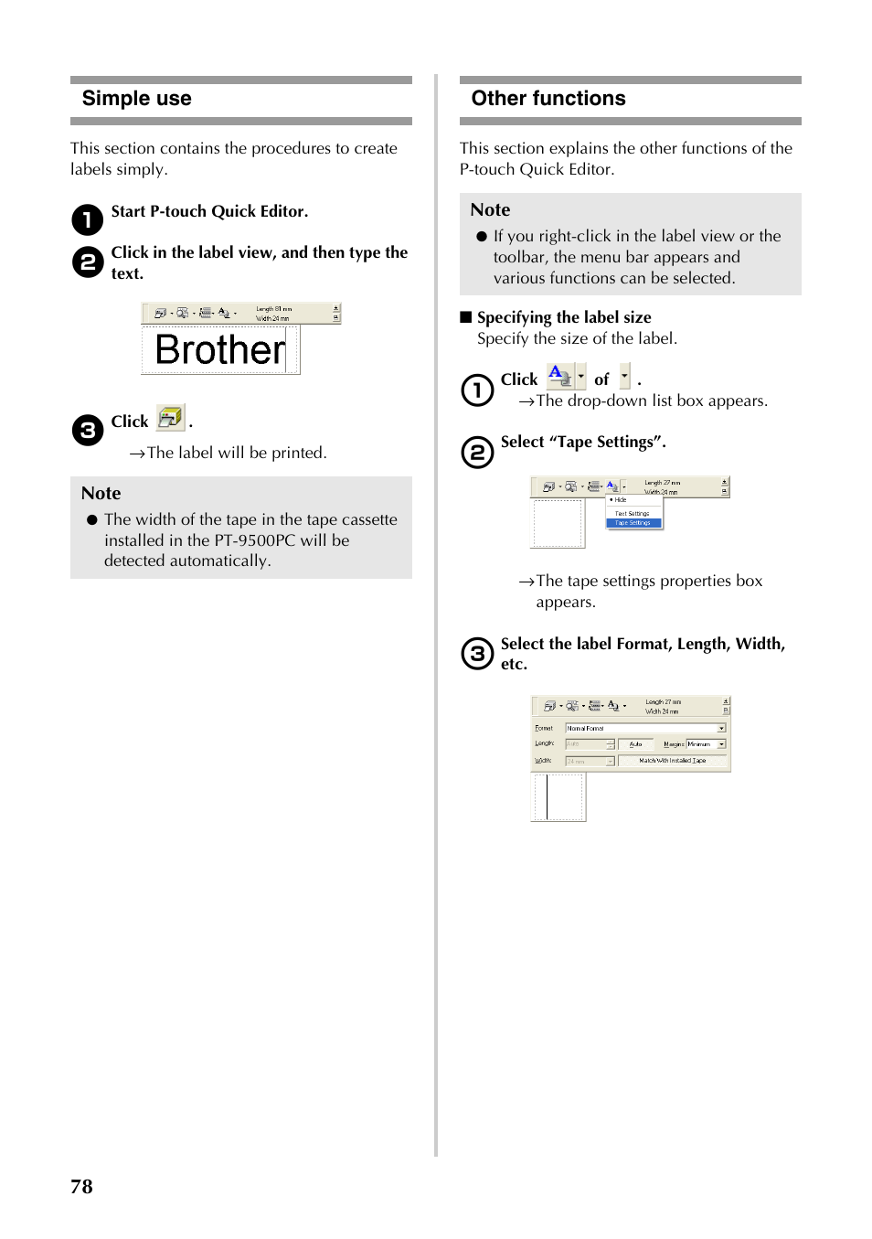 Simple use, Other functions, Simple use other functions | 78 simple use | Brother PT-9500PC User Manual | Page 313 / 353