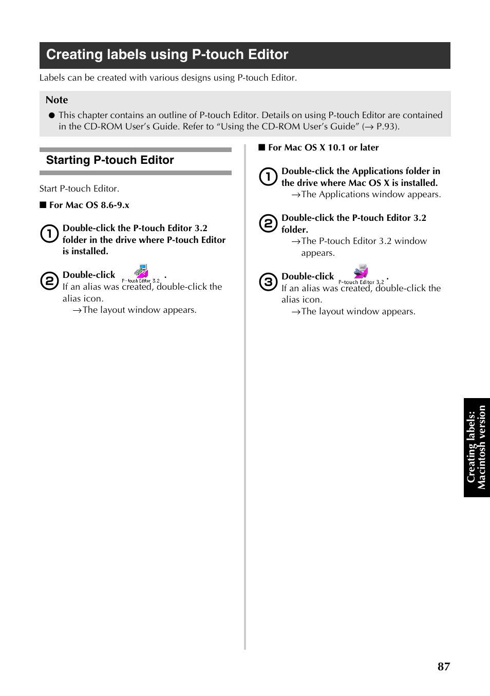 Creating labels using p-touch editor, Starting p-touch editor, Oceed to “creating labels using p-touch editor | P.87) | Brother PT-9500PC User Manual | Page 322 / 353