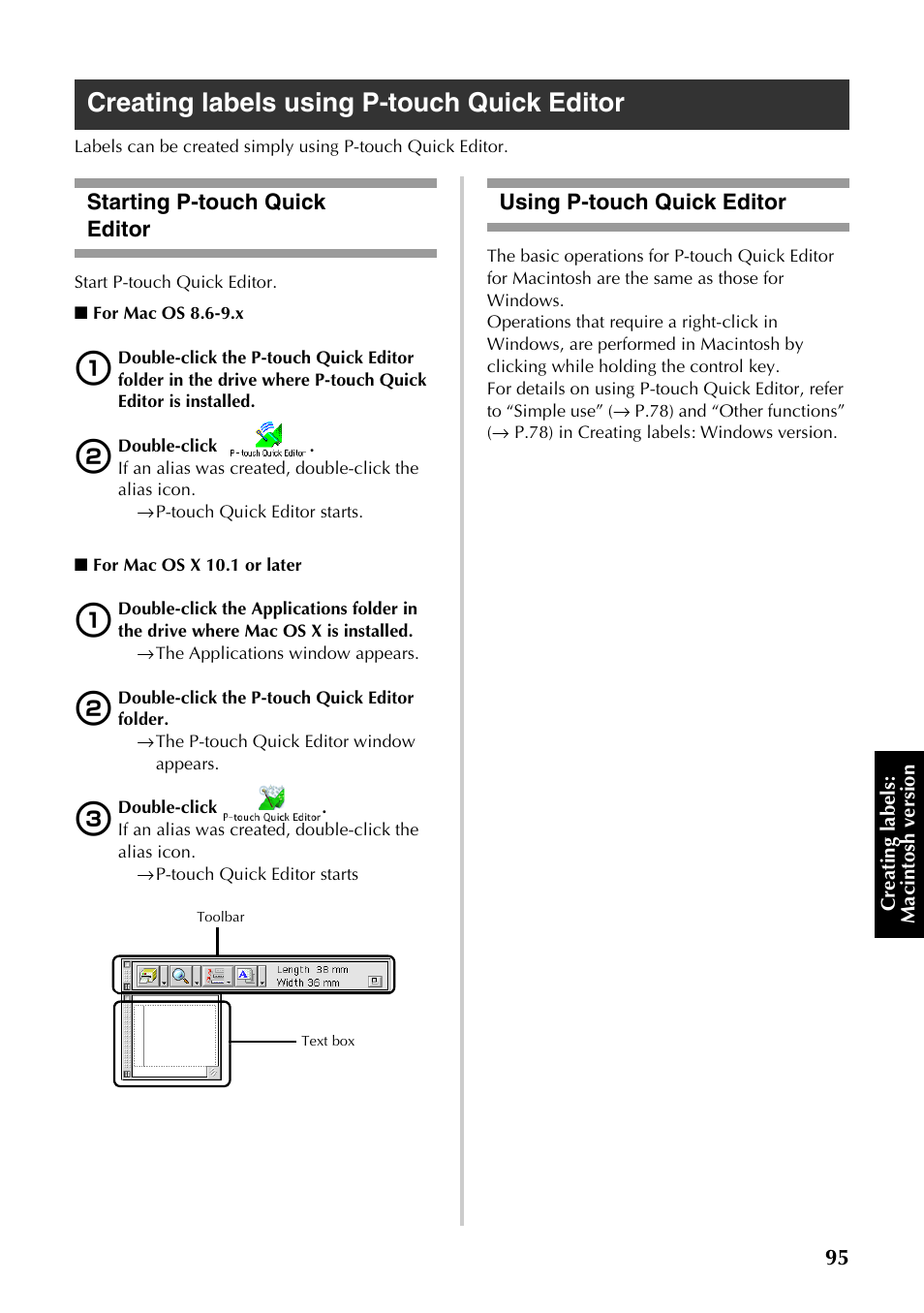 Creating labels using p-touch quick editor, Starting p-touch quick editor, Using p-touch quick editor | P.95) | Brother PT-9500PC User Manual | Page 330 / 353
