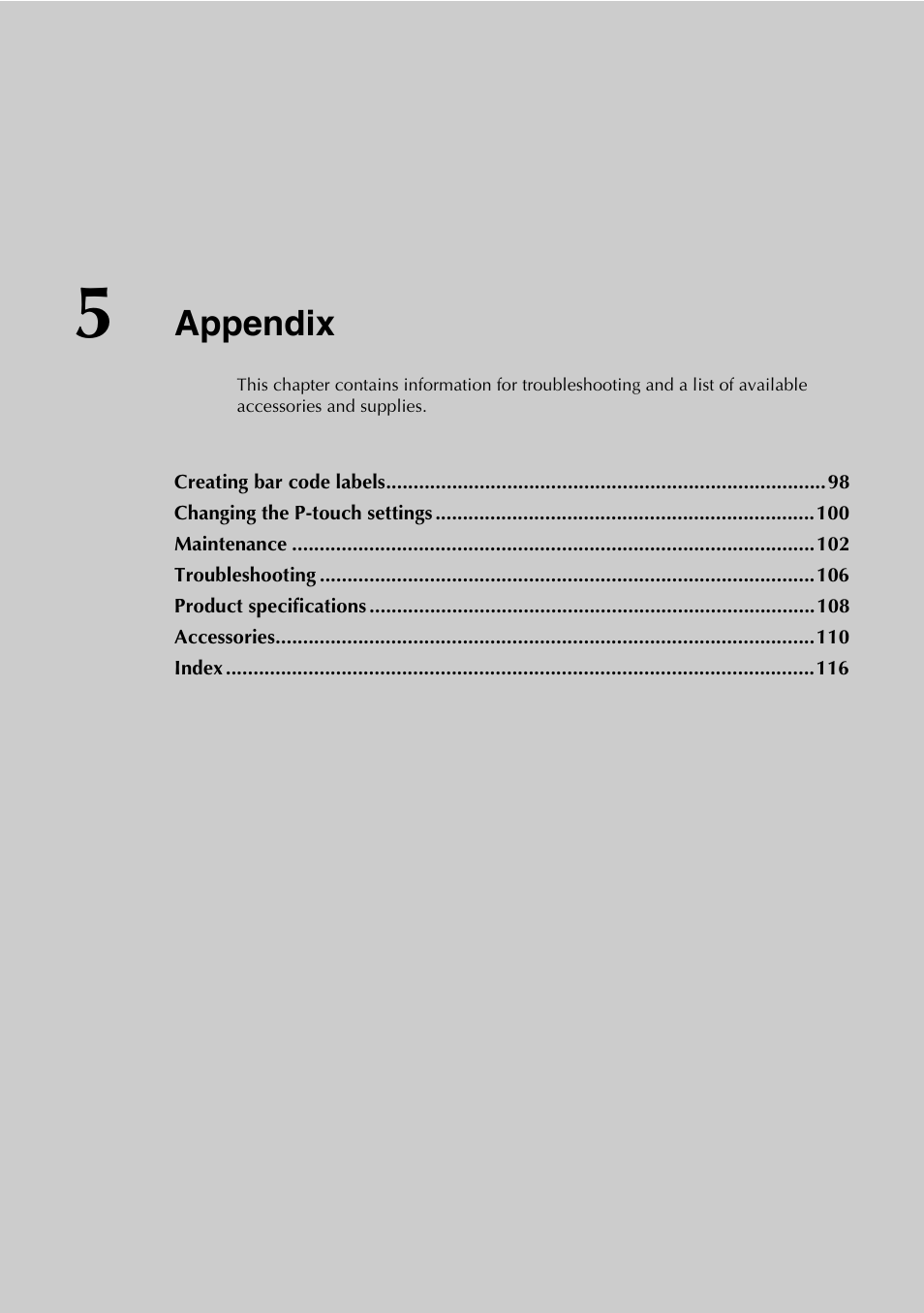 5 appendix, Appendix | Brother PT-9500PC User Manual | Page 332 / 353