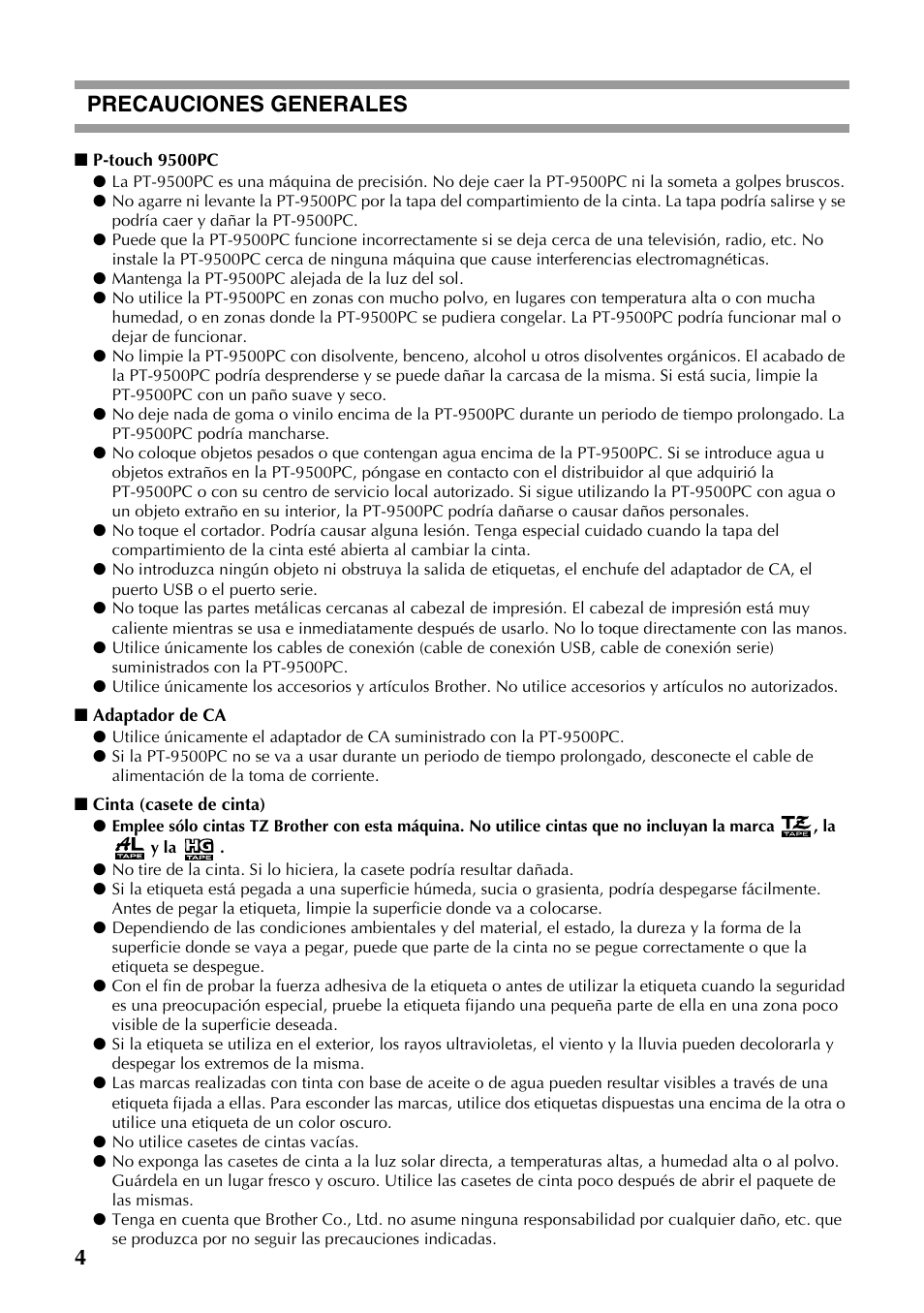 4precauciones generales | Brother PT-9500PC User Manual | Page 5 / 353