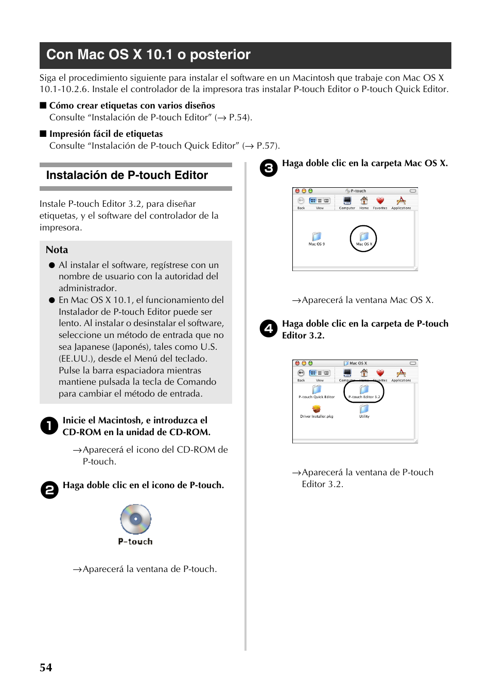 Con mac os x 10.1 o posterior, Instalación de p-touch editor | Brother PT-9500PC User Manual | Page 55 / 353