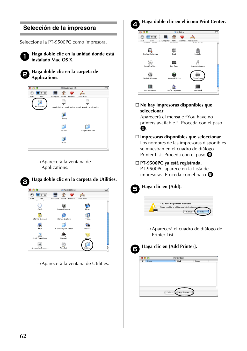 Selección de la impresora, 62 selección de la impresora | Brother PT-9500PC User Manual | Page 63 / 353
