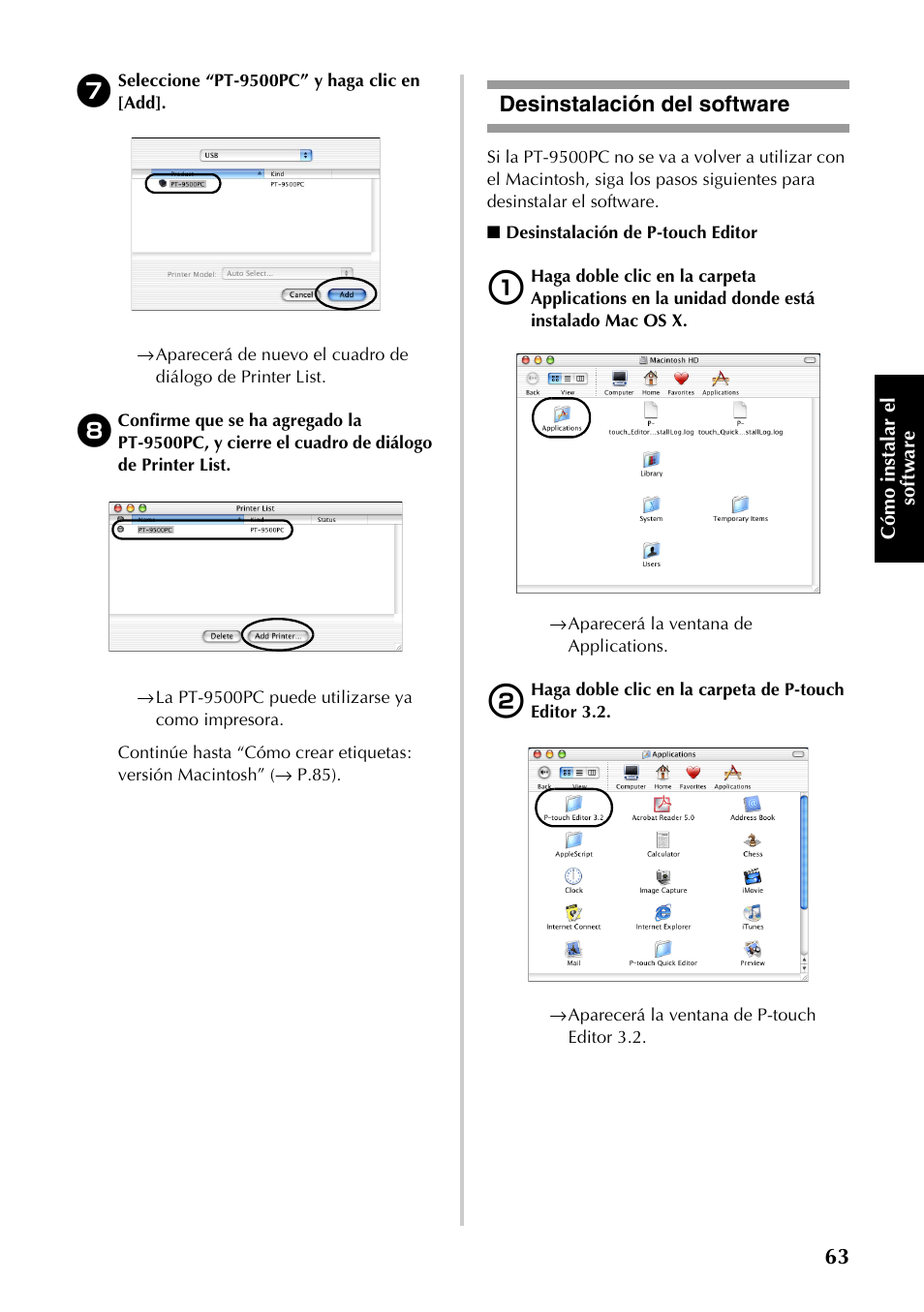 Desinstalación del software | Brother PT-9500PC User Manual | Page 64 / 353