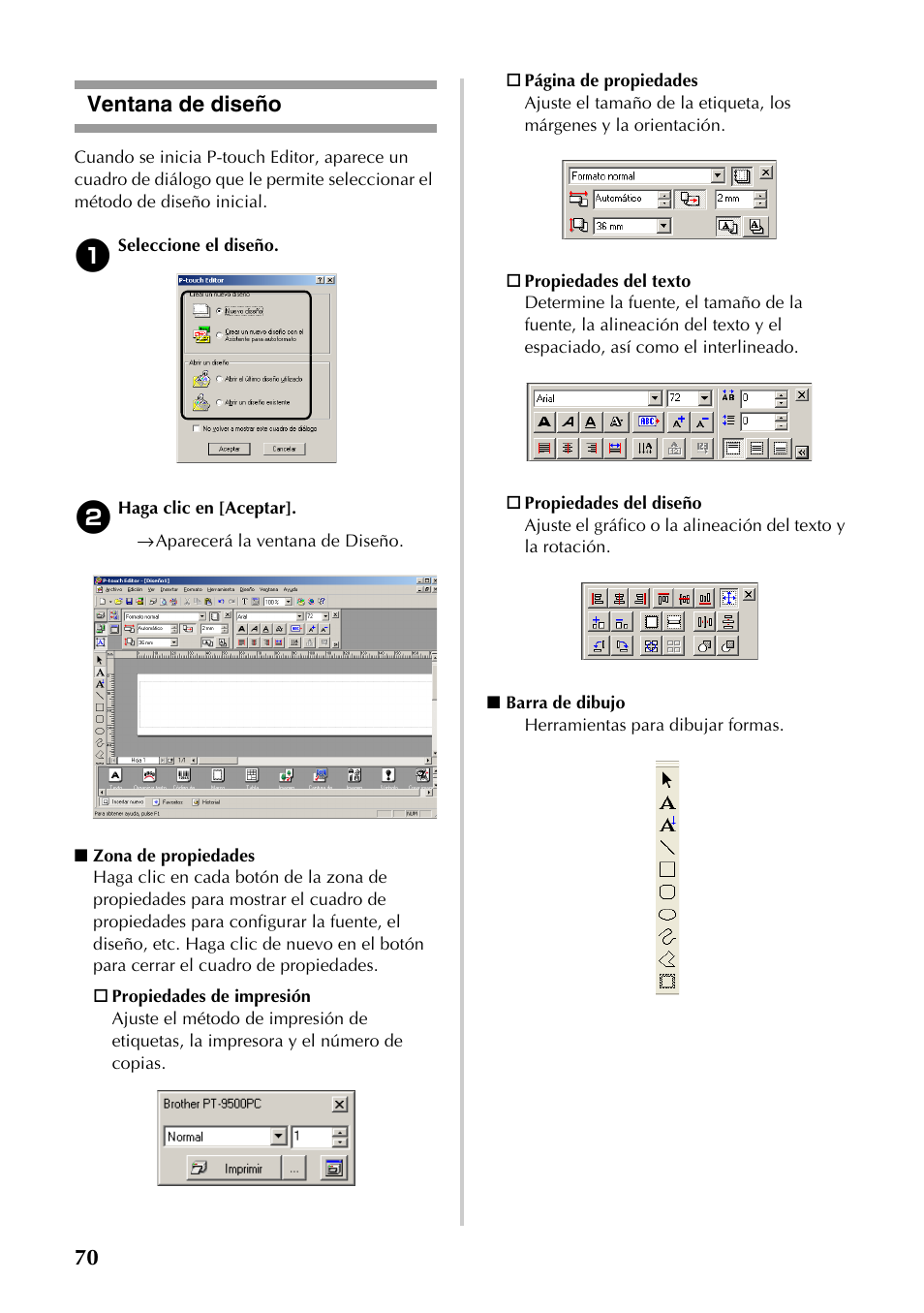 Ventana de diseño, 70 ventana de diseño | Brother PT-9500PC User Manual | Page 71 / 353