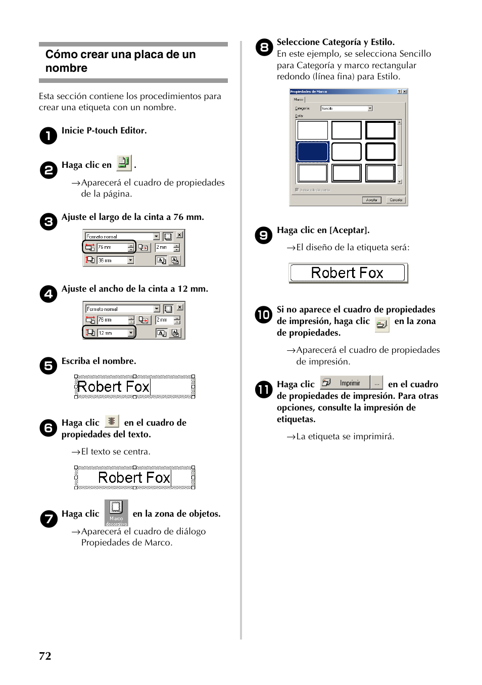 Cómo crear una placa de un nombre, 72 cómo crear una placa de un nombre | Brother PT-9500PC User Manual | Page 73 / 353