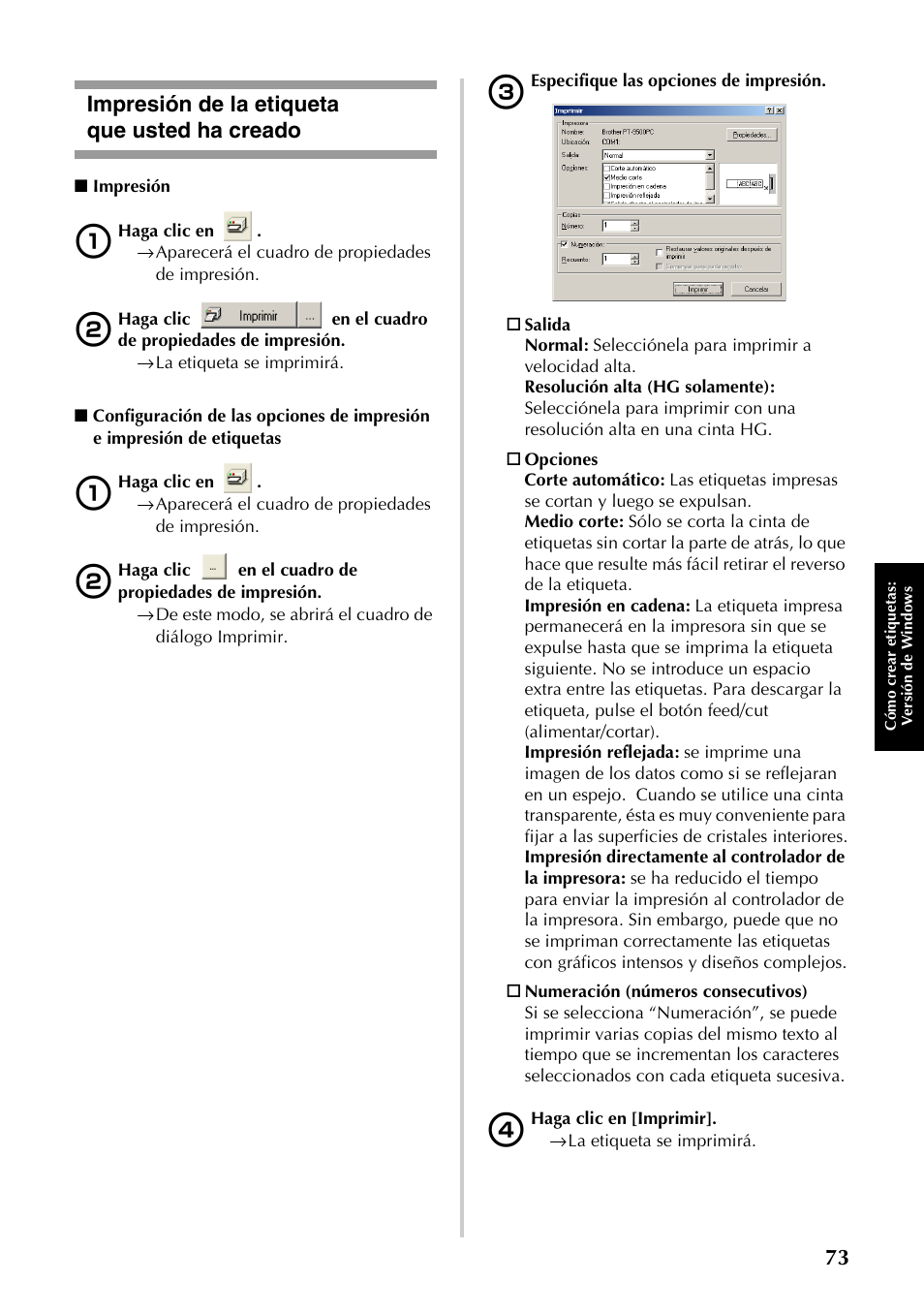 Impresión de la etiqueta que usted ha creado | Brother PT-9500PC User Manual | Page 74 / 353