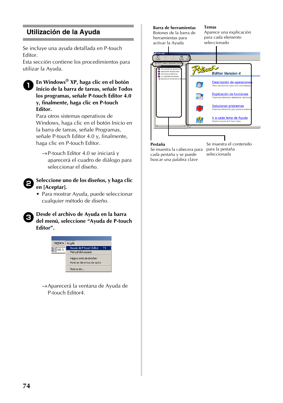 Utilización de la ayuda, 74 utilización de la ayuda | Brother PT-9500PC User Manual | Page 75 / 353