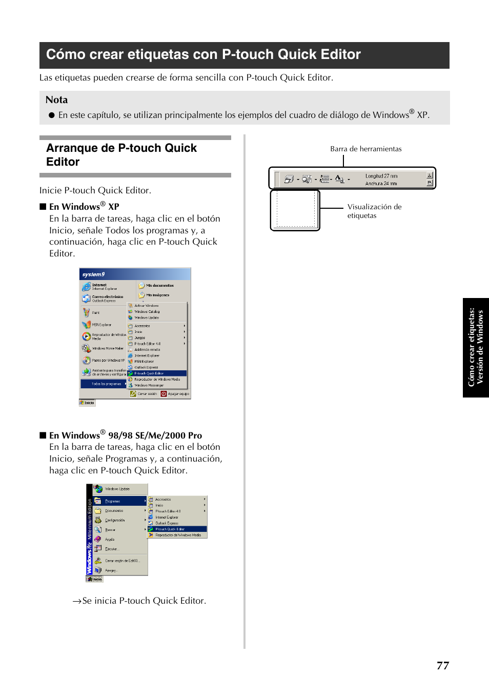 Cómo crear etiquetas con p-touch quick editor, Arranque de p-touch quick editor, Sta “cómo crear etiquetas con p-touch quick editor | P.77) | Brother PT-9500PC User Manual | Page 78 / 353