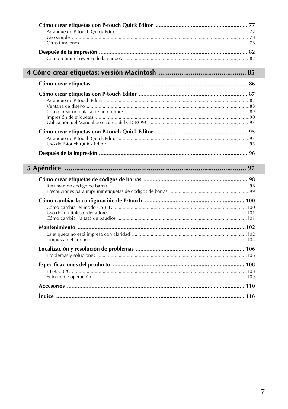 4 cómo crear etiquetas: versión macintosh, 5 apéndice | Brother PT-9500PC User Manual | Page 8 / 353