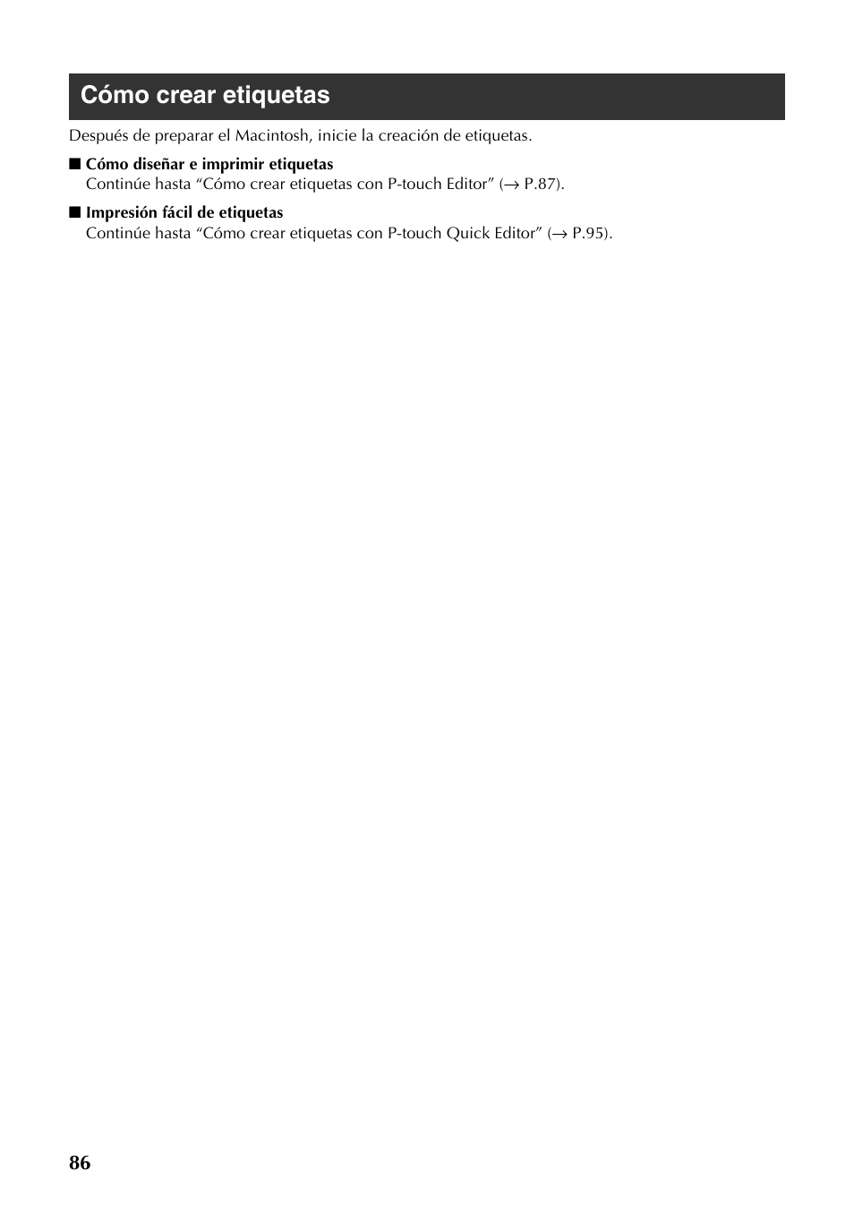 Cómo crear etiquetas | Brother PT-9500PC User Manual | Page 87 / 353