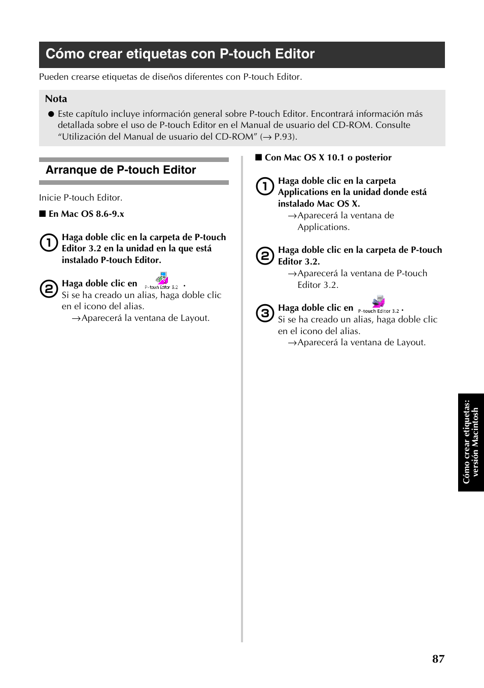 Cómo crear etiquetas con p-touch editor, Arranque de p-touch editor, Sta “cómo crear etiquetas con p-touch editor | P.87) | Brother PT-9500PC User Manual | Page 88 / 353