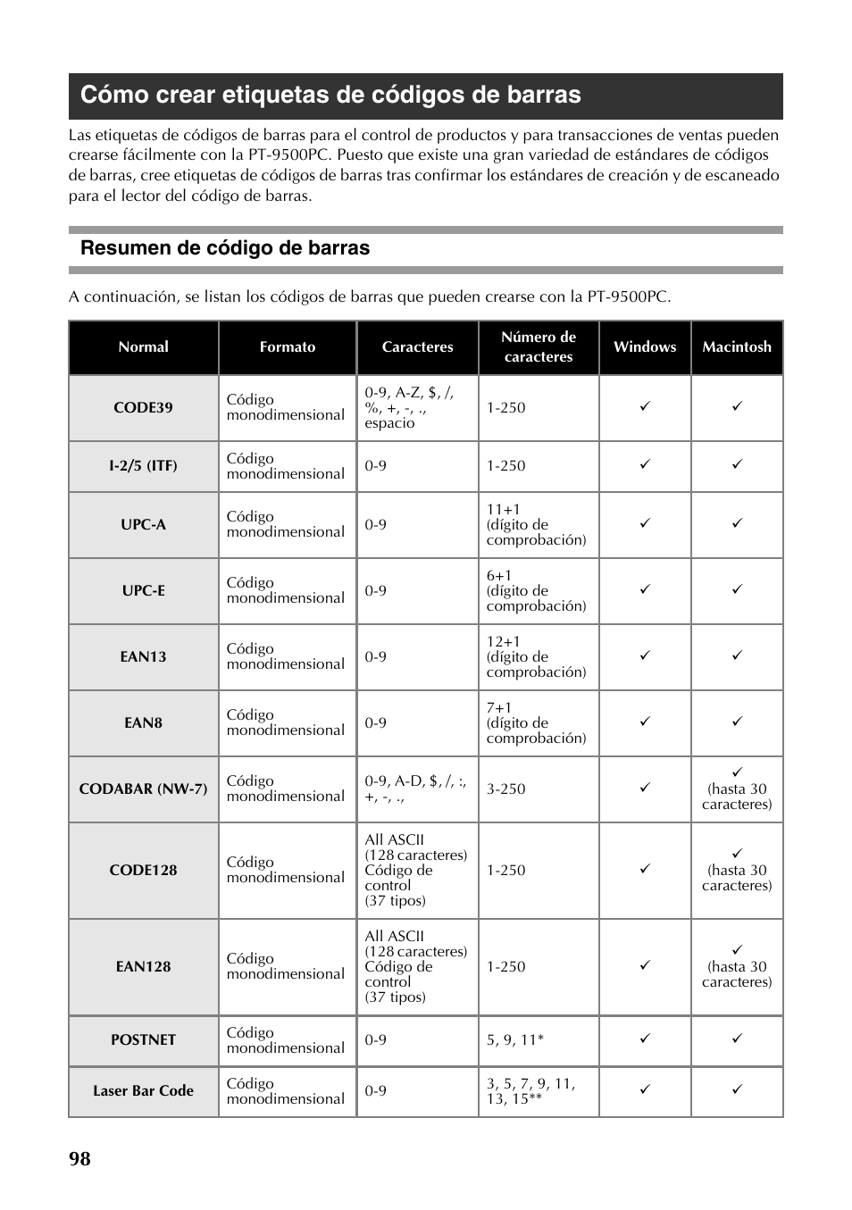 Cómo crear etiquetas de códigos de barras, Resumen de código de barras | Brother PT-9500PC User Manual | Page 99 / 353