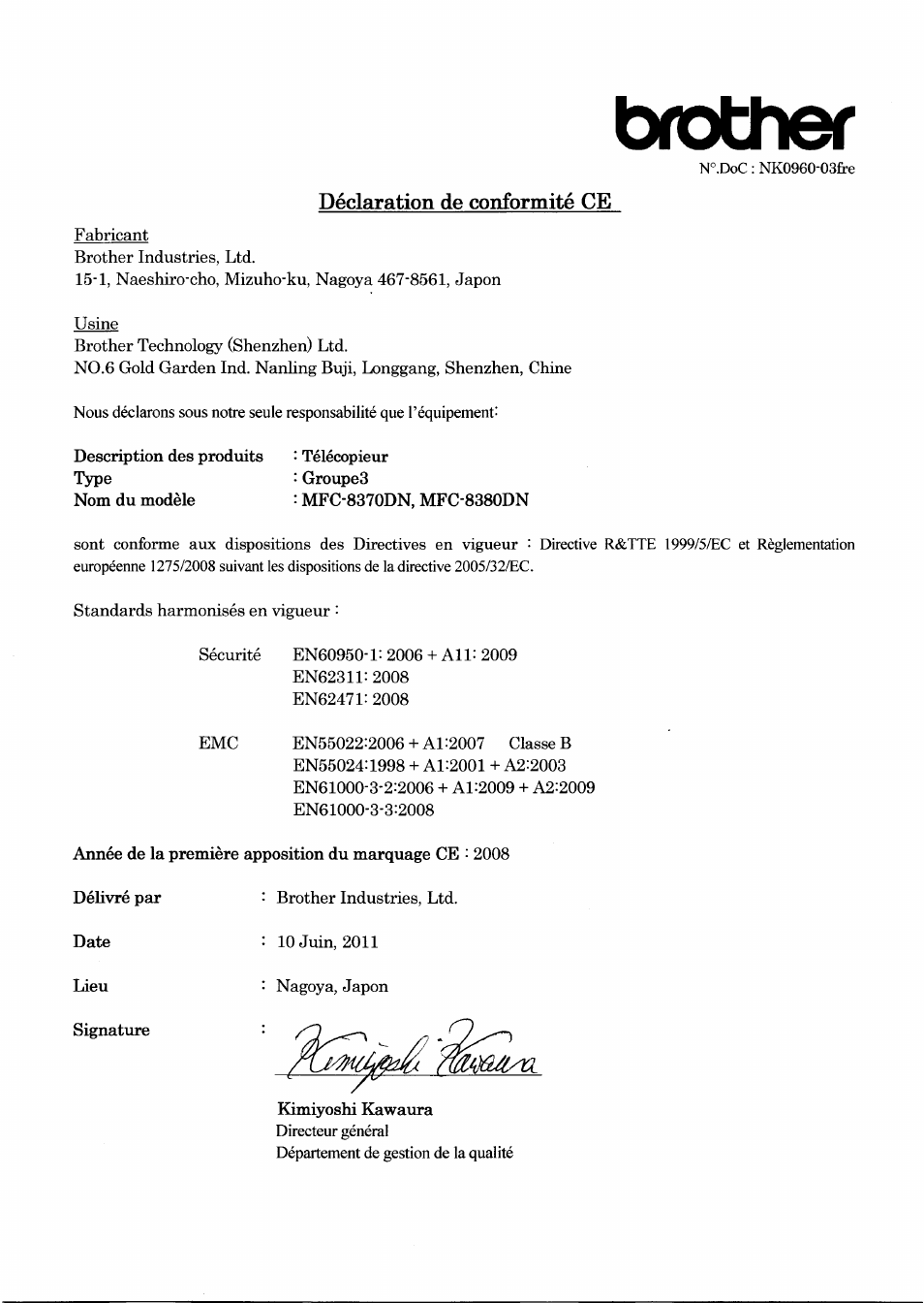 Déclaration de conformité ce, Brother | Brother MFC-8370DN User Manual | Page 2 / 7