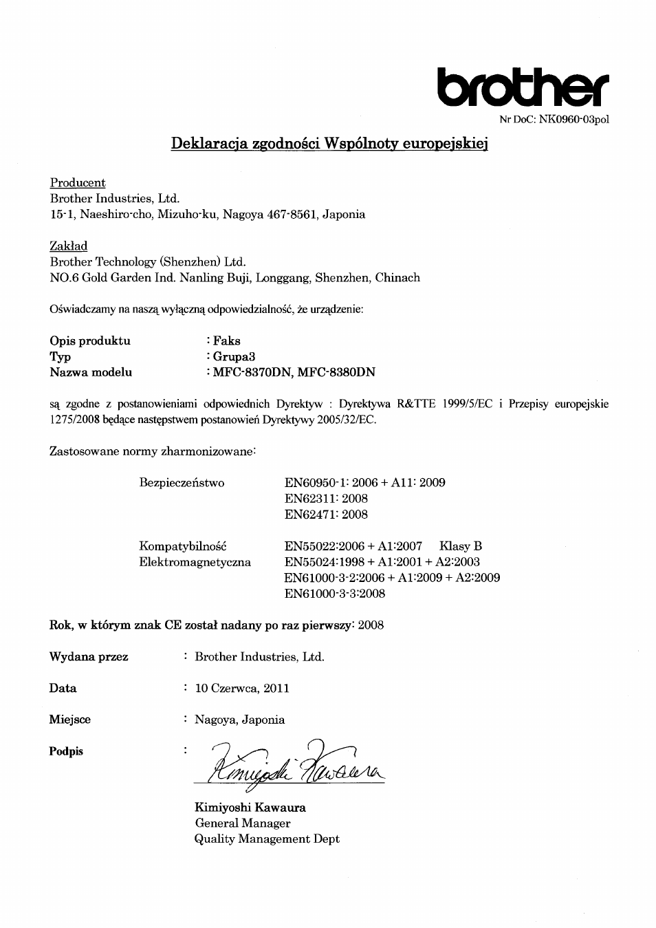 Deklaracia zgodnosci wspolnotv europeiskiei, Podpis, Brother | Brother MFC-8370DN User Manual | Page 4 / 7