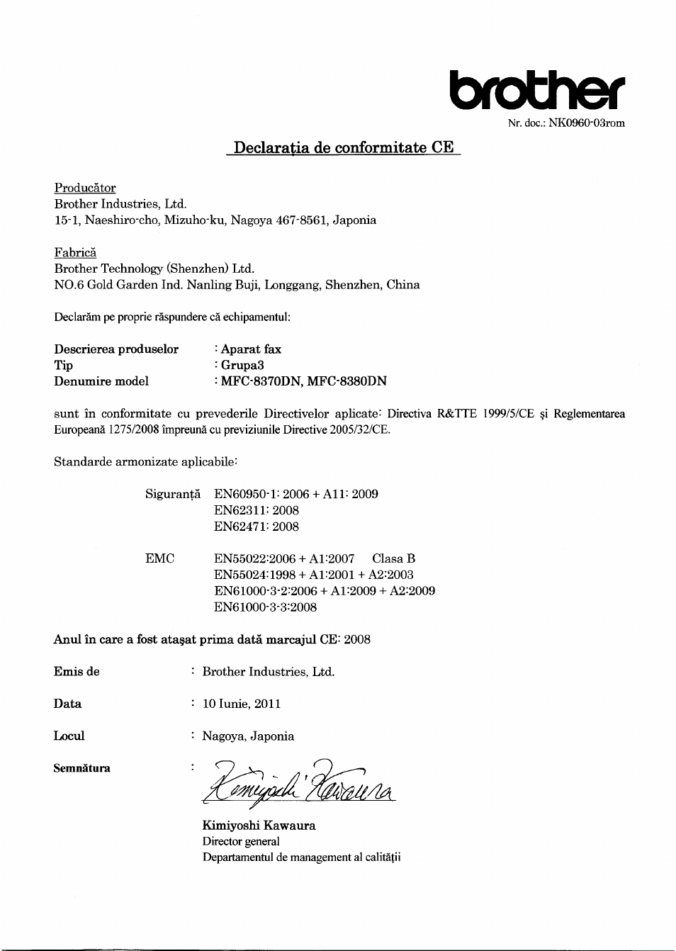 Declaratia de conformitate ce, Txother | Brother MFC-8370DN User Manual | Page 6 / 7