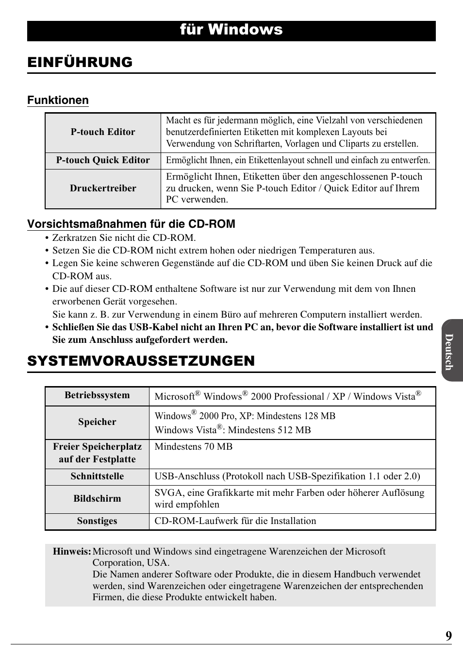 Deutsch, Für windows, Einführung | Systemvoraussetzungen | Brother PT-2100 User Manual | Page 10 / 46