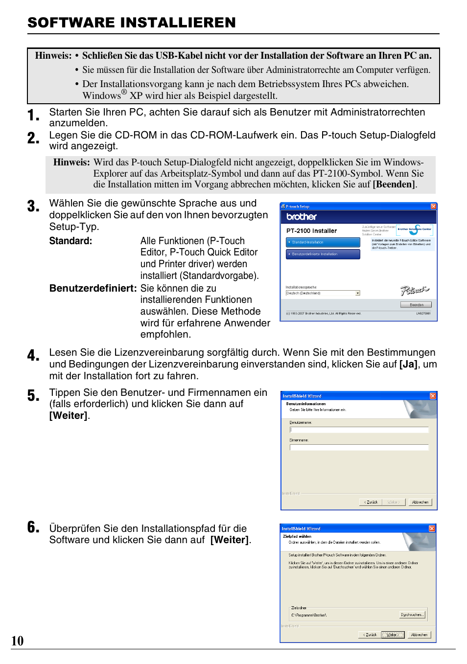 Software installieren, 10 software installieren | Brother PT-2100 User Manual | Page 11 / 46