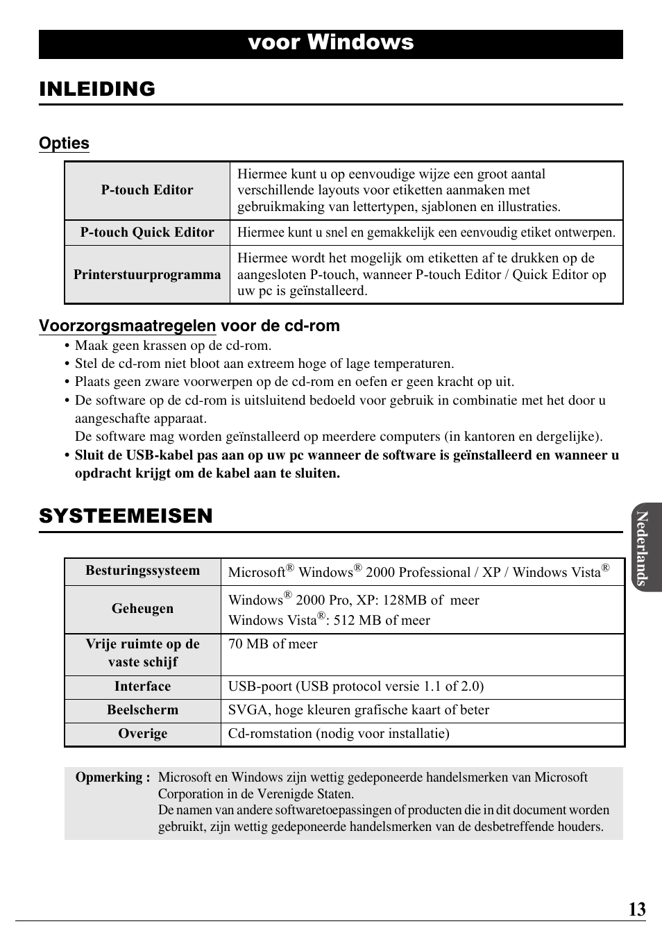 Nederlands, Voor windows, Inleiding | Systeemeisen | Brother PT-2100 User Manual | Page 14 / 46