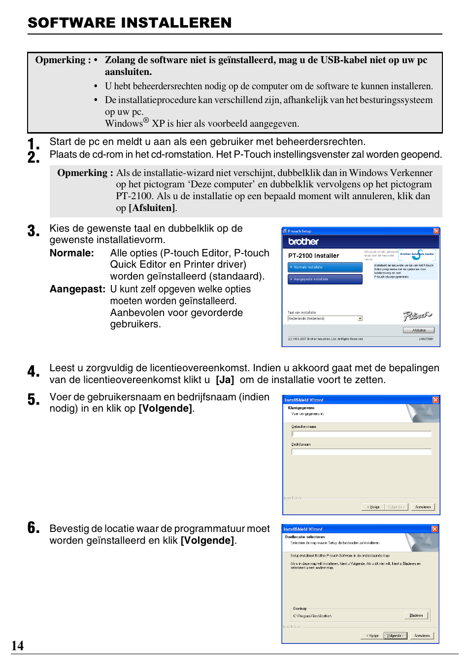 Software installeren, 14 software installeren | Brother PT-2100 User Manual | Page 15 / 46