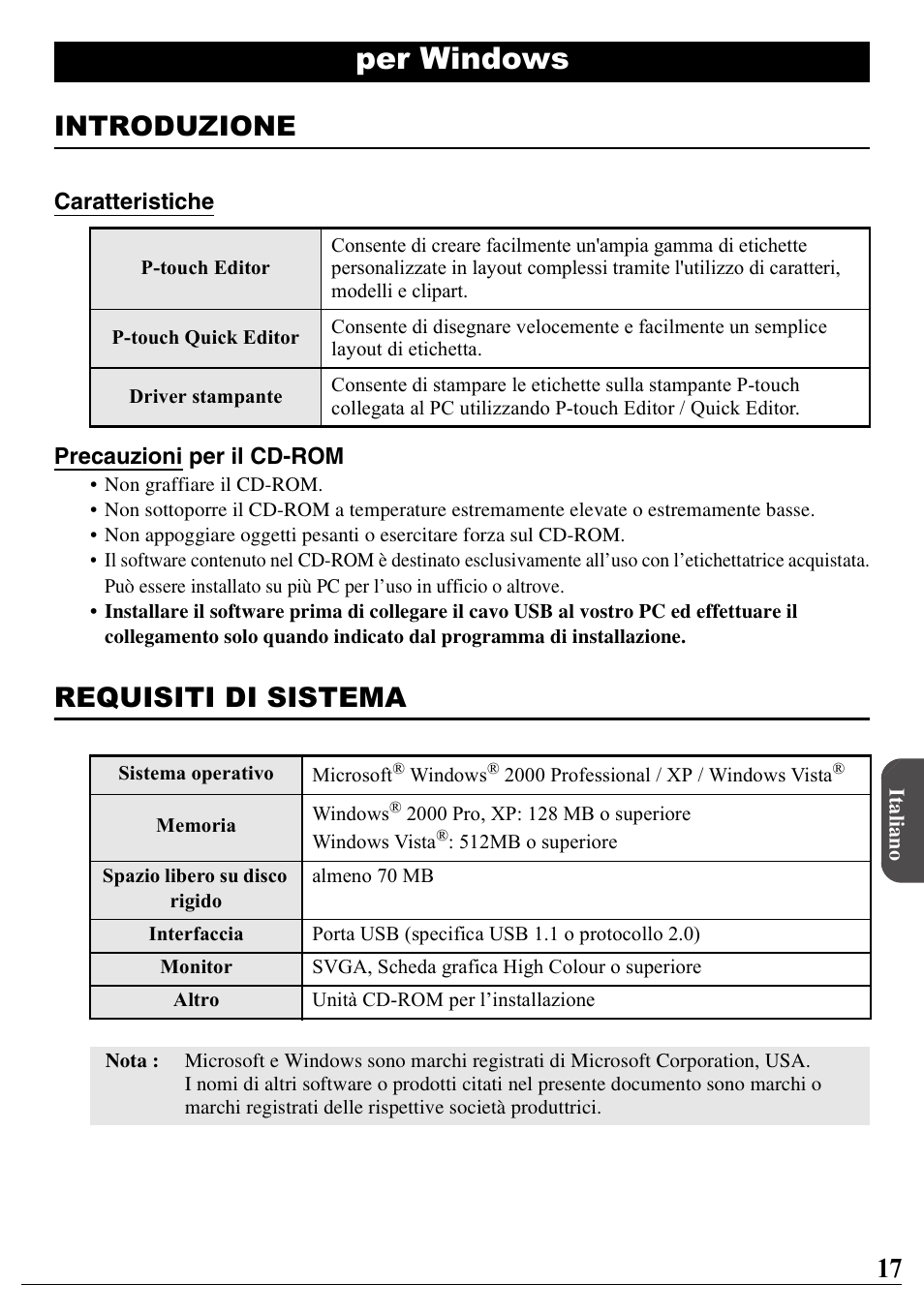 Italiano, Per windows, Introduzione | Requisiti di sistema | Brother PT-2100 User Manual | Page 18 / 46