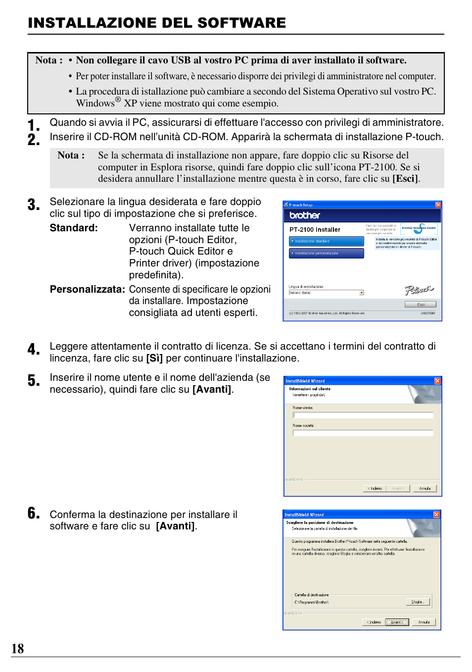 Installazione del software, 18 installazione del software | Brother PT-2100 User Manual | Page 19 / 46
