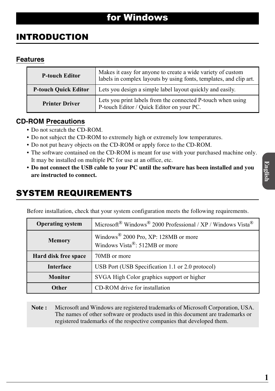 English, For windows, Introduction | System requirements | Brother PT-2100 User Manual | Page 2 / 46